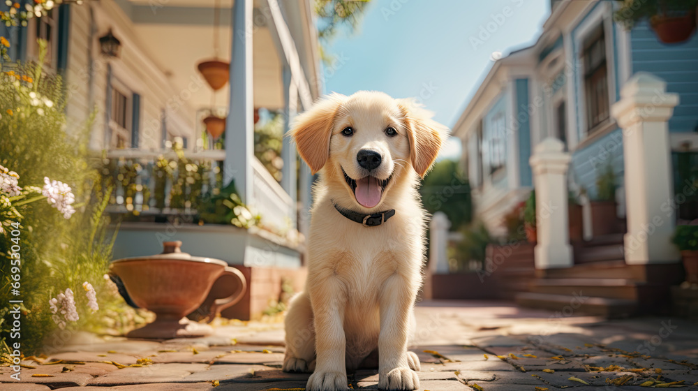 A dog puppy sits next to a house in summer A dog puppy sits next to a house in summer