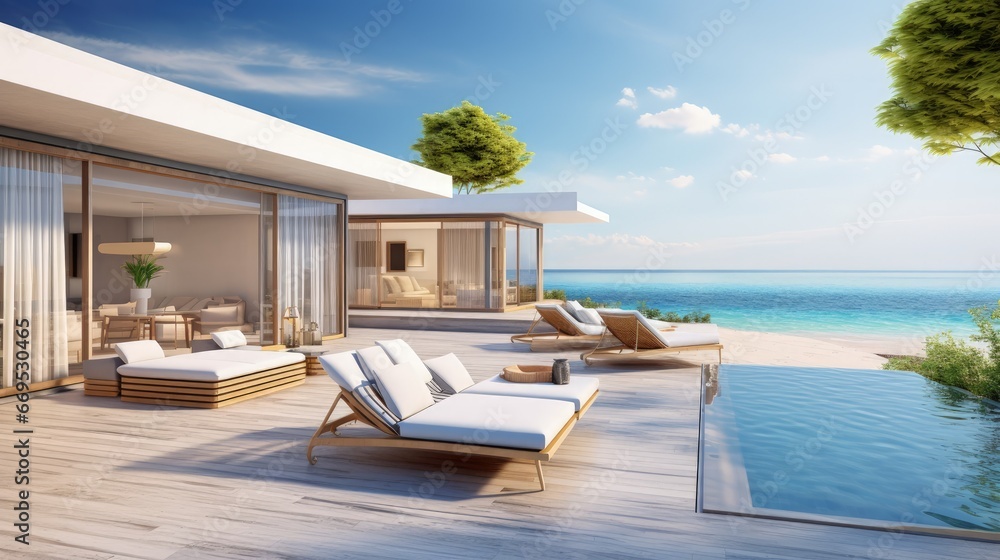 Fototapeta premium Luxury beach house with sea view swimming pool and terrace in modern design. Empty wooden floor deck at vacation home. 3d illustration of contemporary holiday villa exterior.