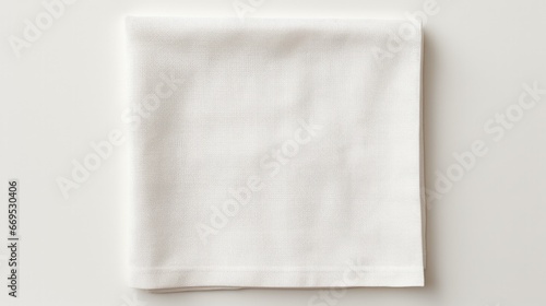 top view with white empty kitchen napkin isolated on table background. Folded cloth for mockup with copy space, Flat lay. Minimal style. photo