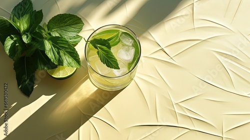 cold Mojito cocktail with rum, lime, ice cubes and mint. Tropical palm leaf shadow. Sunlight and shadow background. beige minimal photo