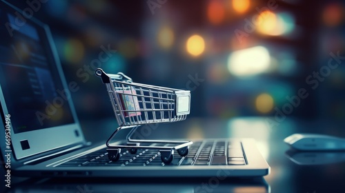 shopping cart and credit card on computer, shopping online concept. subject is blurred and low key.