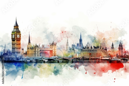 Watercolor London skyline featuring famous structures and landmarks. Generative AI