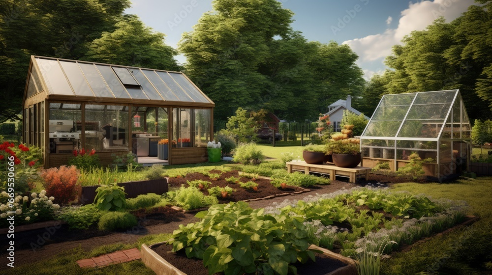 A garden plot with seedbeds and a glass greenhouse in the center of kitchen garden. A suburban or rustic backyard for gardening. A cloudy summer day. A garden plot with seedbeds and a glass greenhouse in the center of kitchen garden. A suburban or rustic backyard for gardening. A cloudy summer day.
