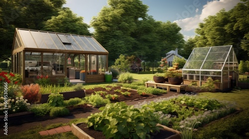 A garden plot with seedbeds and a glass greenhouse in the center of kitchen garden. A suburban or rustic backyard for gardening. A cloudy summer day. photo