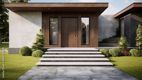 New house with wooden door entrance and empty concrete walkway. 3d rendering of green grass lawn in modern home. © HN Works
