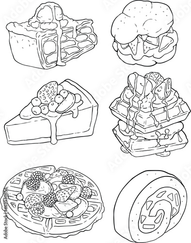 Vector line art illustration with food. Set with various baking. Illustration for menu  cookbook or coloring book. Sketch isolated on white background. homemade bakery - line vector set