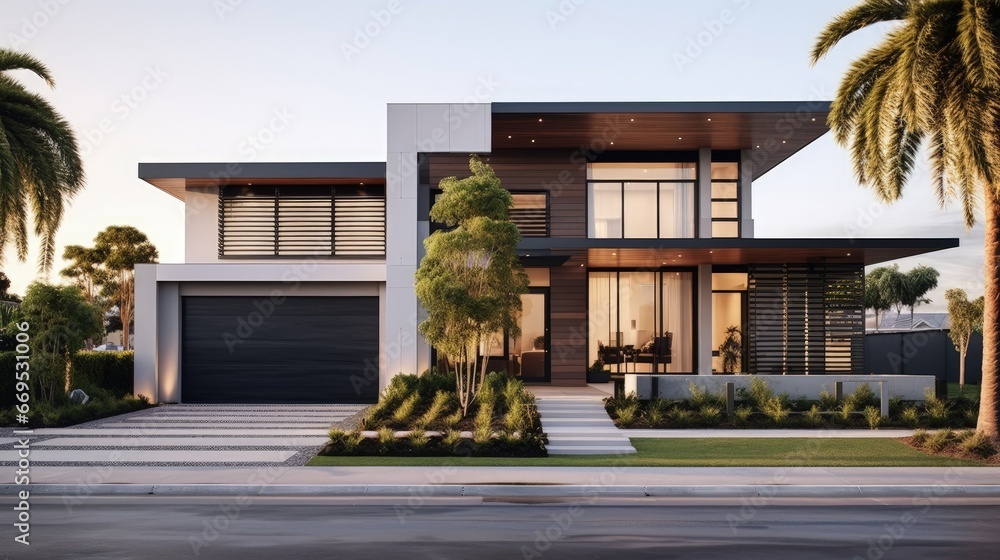 Front elevation / facade of a new modern Australian style home. - obrazy, fototapety, plakaty 