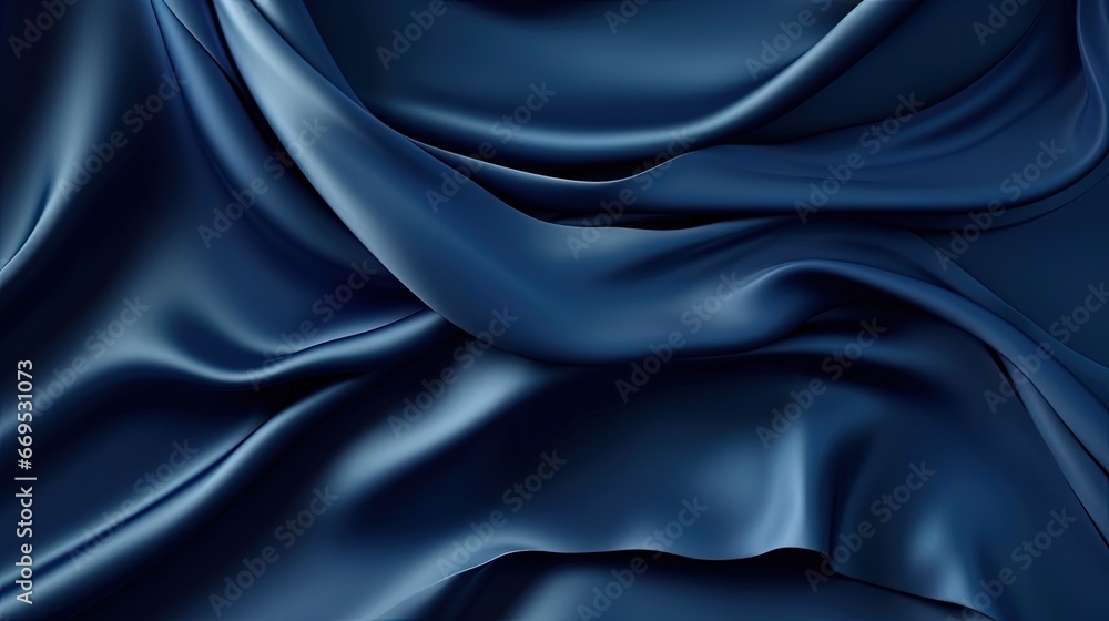 Obraz premium Dark blue silk satin. Soft folds. Fabric. Navy blue luxury background. Space for design.Wavy lines.Banner. Wide.Long. Flat lay, top view table. Beautiful. Elegant. Birthday, Christmas, Valentine's Day