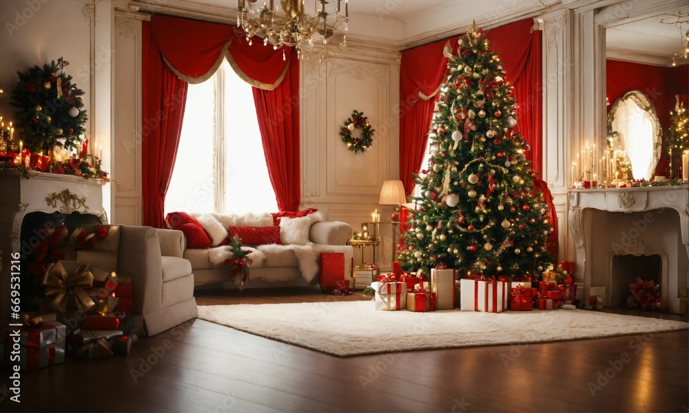 christmas, tree, elegant, interior, house, garland, gift, light, window, sofa, merry, star, garlands, gifts, lights, lounge, salon, gold, golden, red, green, yellow, snow, curtain, happy, celebration