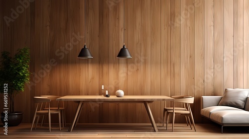 Fototapeta Naklejka Na Ścianę i Meble -  The lounge and dining room interior design and wooden wall texture background, New 3D rendering interior design scene