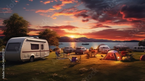 Camping caravans and cars parked on a grassy campground under beautiful sunset photo