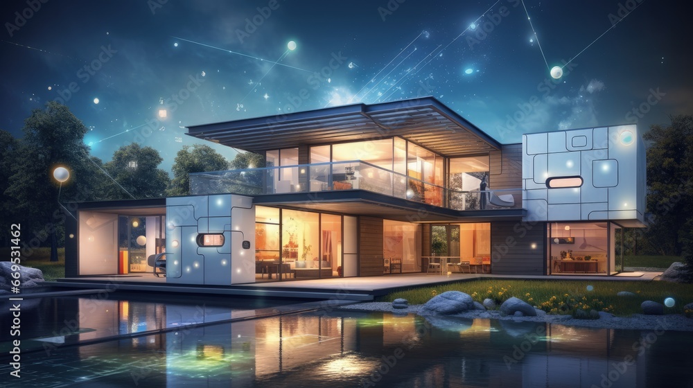 Illustration of a building with elements of a smart home system. Science, futuristic, web, network concept, communications, high technology. Illustration of a building with elements of a smart home system. Science, futuristic, web, network concept, communications, high technology.