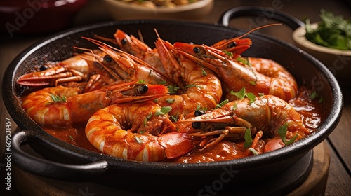 portuguese seafood grilled prawns tapas in spicy tomato piri piri sauce in lisbon restaurant