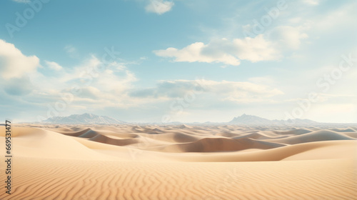 A vast desert stretches out before us, its sandy dunes undulating in the warm breeze On the horizon, we can see a distant mountain range, its jagged peaks silhouetted against the sky