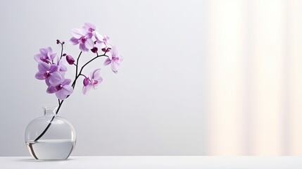 Sprig of purple orchid in transparent vase on white background with bright lighting, copy space, horizontal photo. Flower silhouette and blurred shadow mesh on wall. Orchidaceae, minimalist aesthetic.