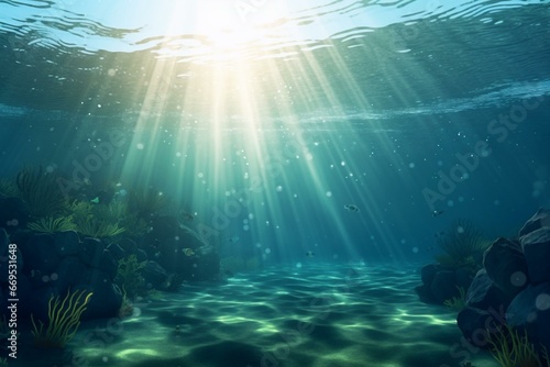 Illustration of undersea with sunlight piercing through water. Generative AI