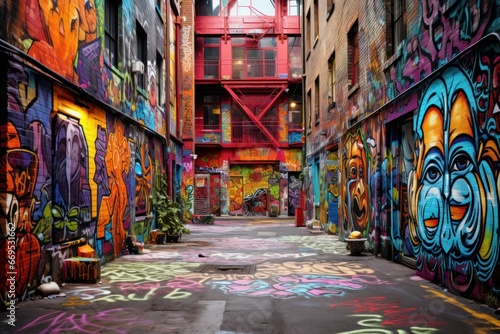 Multicolored graffiti art covering an urban alleyway. © Lucija