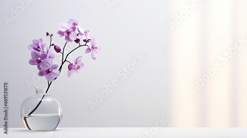 Sprig of purple orchid in transparent vase on white background with bright lighting, copy space, horizontal photo. Flower silhouette and blurred shadow mesh on wall. Orchidaceae, minimalist aesthetic.