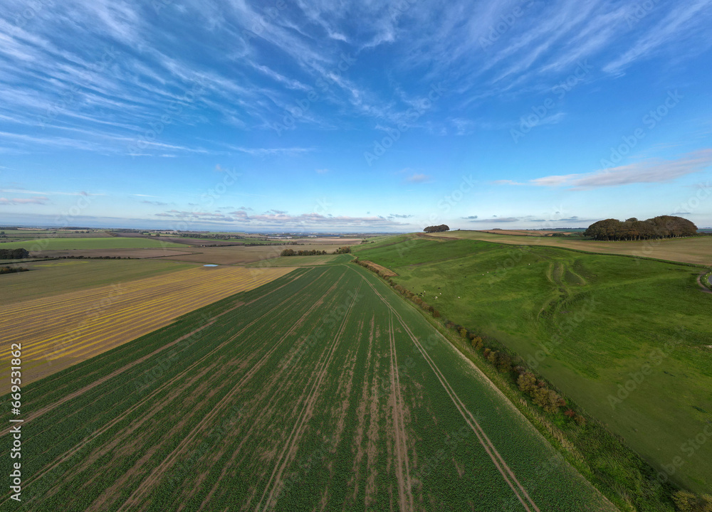 A panoramic view of the Marlborough Downs in Wiltshire, UK