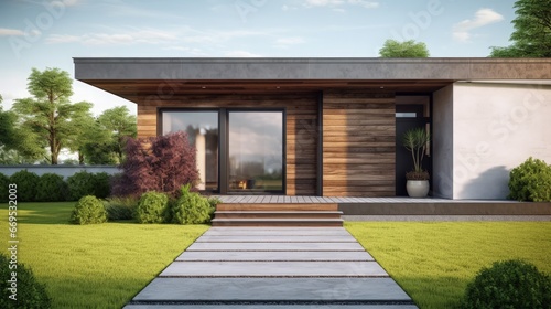 Fototapeta Naklejka Na Ścianę i Meble -  New house with wooden door entrance and empty concrete walkway. 3d rendering of green grass lawn in modern home.