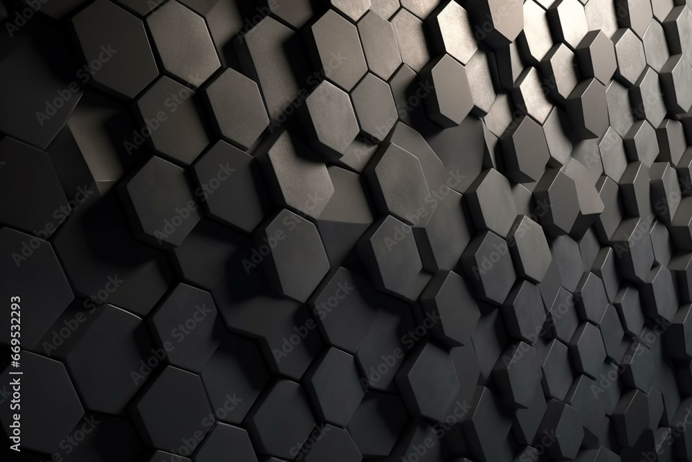 Smooth, textured wall with tiled background. Hexagonal, stone wallpaper with 3D blocks. Rendered in high definition. Generative AI - obrazy, fototapety, plakaty 