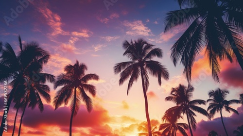 Silhouette Tropical Palm Trees At Sunset - Summer Vacation With Vintage Tone And Bokeh Lights © HN Works