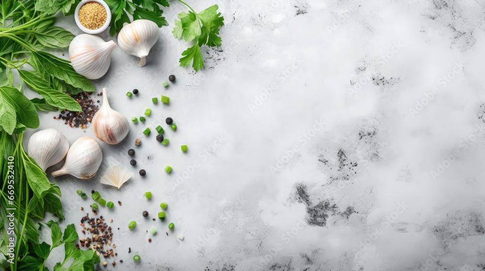 Food cooking background. Stone texture with sea salt, pepper garlic and parsley on light grey. Abstract food background. Empty space for text. Can be used for food posters, design of menu. Top view. - obrazy, fototapety, plakaty 