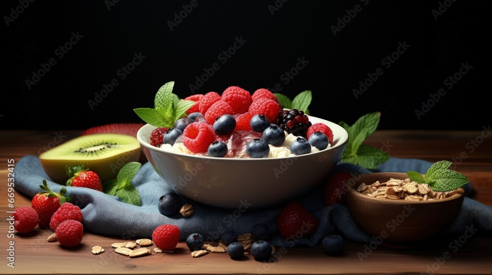 Bowl with muesli and fresh berries and fruits Bowl with muesli and fresh berries and fruits