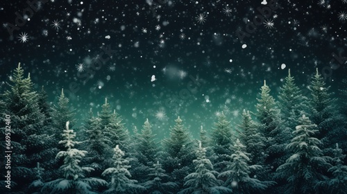 close up snow-covered fir green branches and snowfall flakes, Christmas banner background