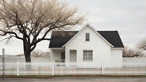 Photography of a white wooden house whit a black gabble roof and a white wooden fence photo