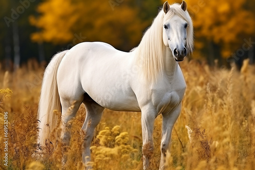 Beautiful white stallion with long mane running in the field