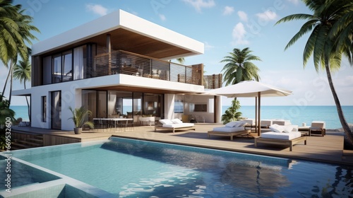 Beach house with pool in modern design - 3d rendering