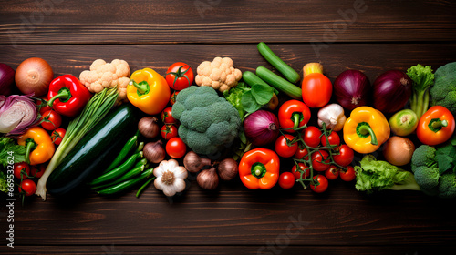 Fresh vegetables on wooden background. Healthy food concept. Top view.