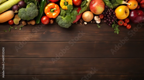Fresh farmers market fruit and vegetable from above with copy space on brown wood