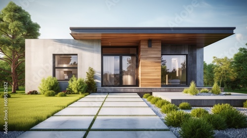 New house with wooden door entrance and empty concrete walkway. 3d rendering of green grass lawn in modern home. © HN Works