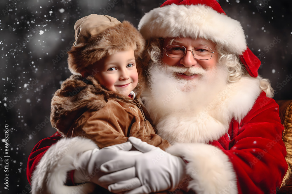 Obraz premium christmas tree decorations, santa claus with gifts, snowman in the snow, christmas gift boxes 