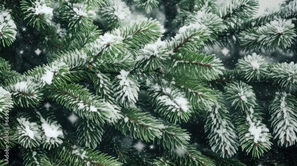 close up snow-covered fir green branches and snowfall flakes, Christmas banner background