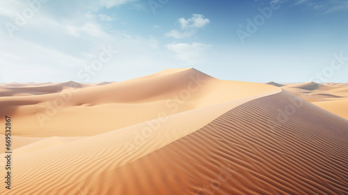 A vast desert stretches out before us  its sandy dunes undulating in the warm breeze On the horizon  we can see a distant mountain range  its jagged peaks silhouetted against the sky