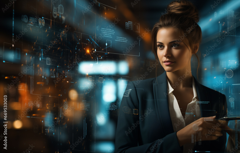 Obraz premium businesswoman against the background of an electronic virtual screen