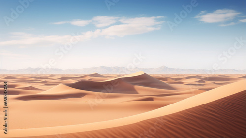 A vast desert landscape, with its rolling sand dunes, stretches into the horizon