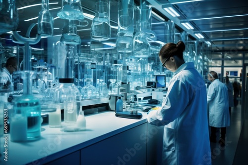 Scientist in a modern biopharmaceutical lab.