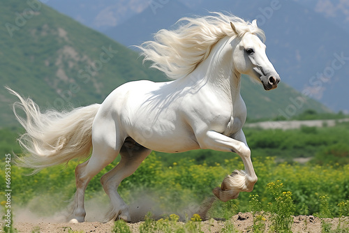 Beautiful white arabian stallion running on pasturage