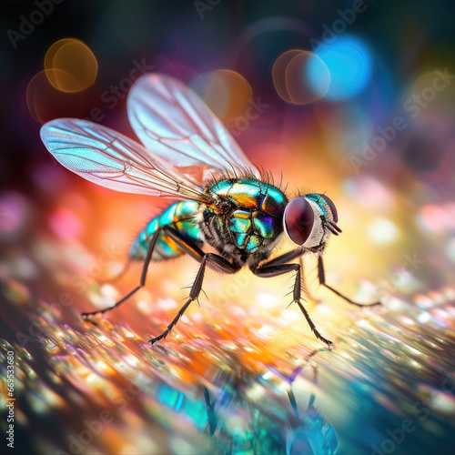 Image of a fly in iridescent shimmering colors on a blurred background with bokeh. © Vitaly Art