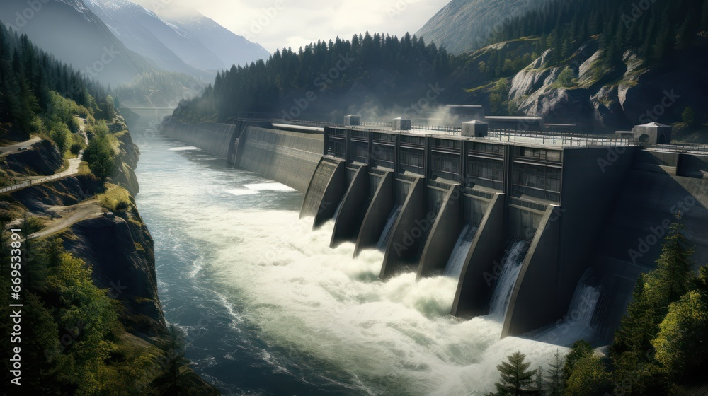 Hydroelectric power dam on a river and dark forest in beautiful mountains