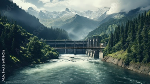 Hydroelectric power dam on a river and dark forest in beautiful mountains photo