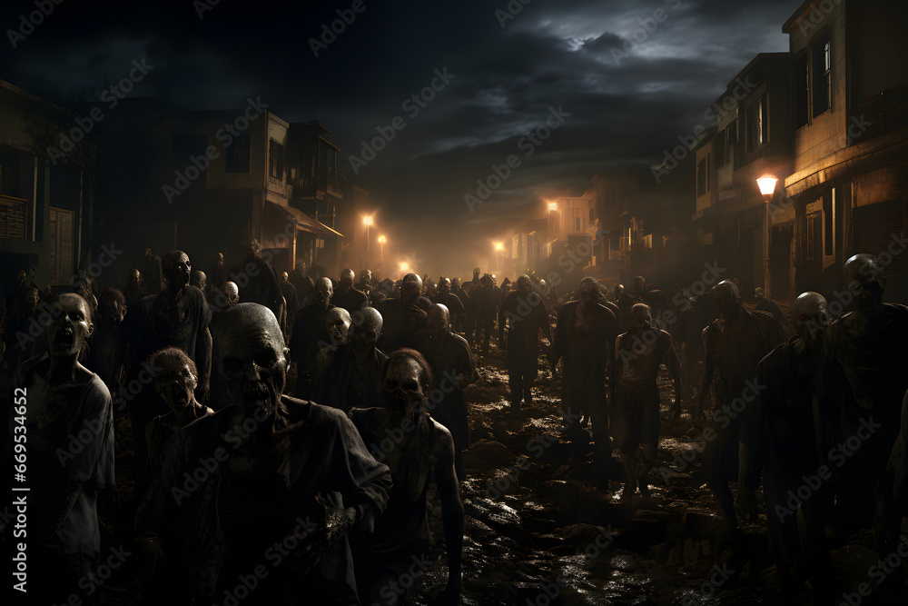 large group of zombie at small town street at dark night. Neural network generated image. Not based on any actual person, scene or pattern. - obrazy, fototapety, plakaty 