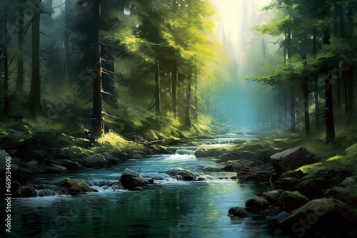Serene forest with flowing water and river. Depicted through a beautiful, digital painting capturing its scenic beauty and peacefulness. Generative AI
