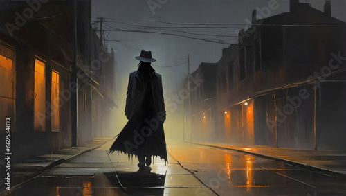 In the eerie depths of a city alley, a sinister silhouette draped in a tattered black trench coat emerges from the shadows, illuminated by the city lights.