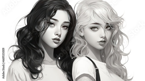 Girls in anime style in black and white