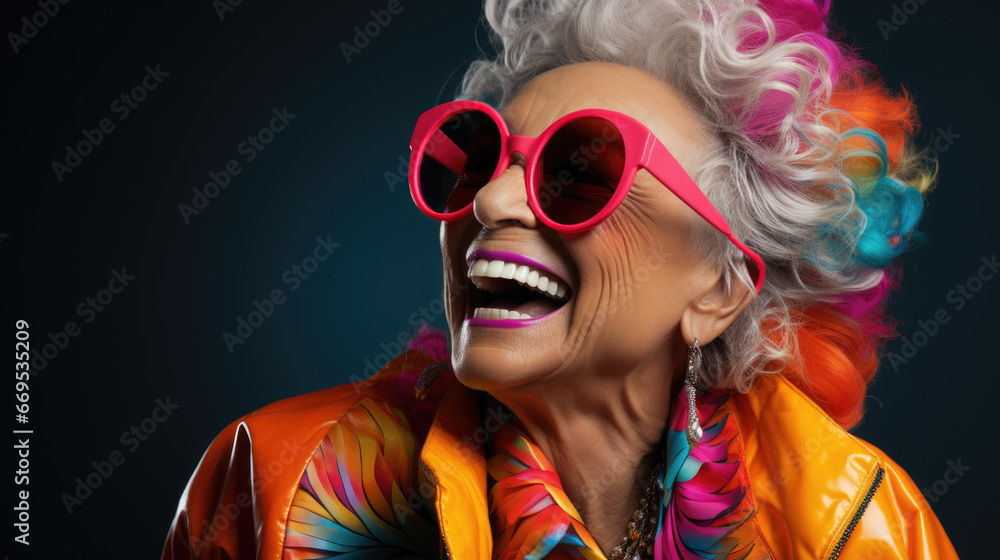 happy fashion elderly woman on dark background, generative ai - obrazy, fototapety, plakaty 